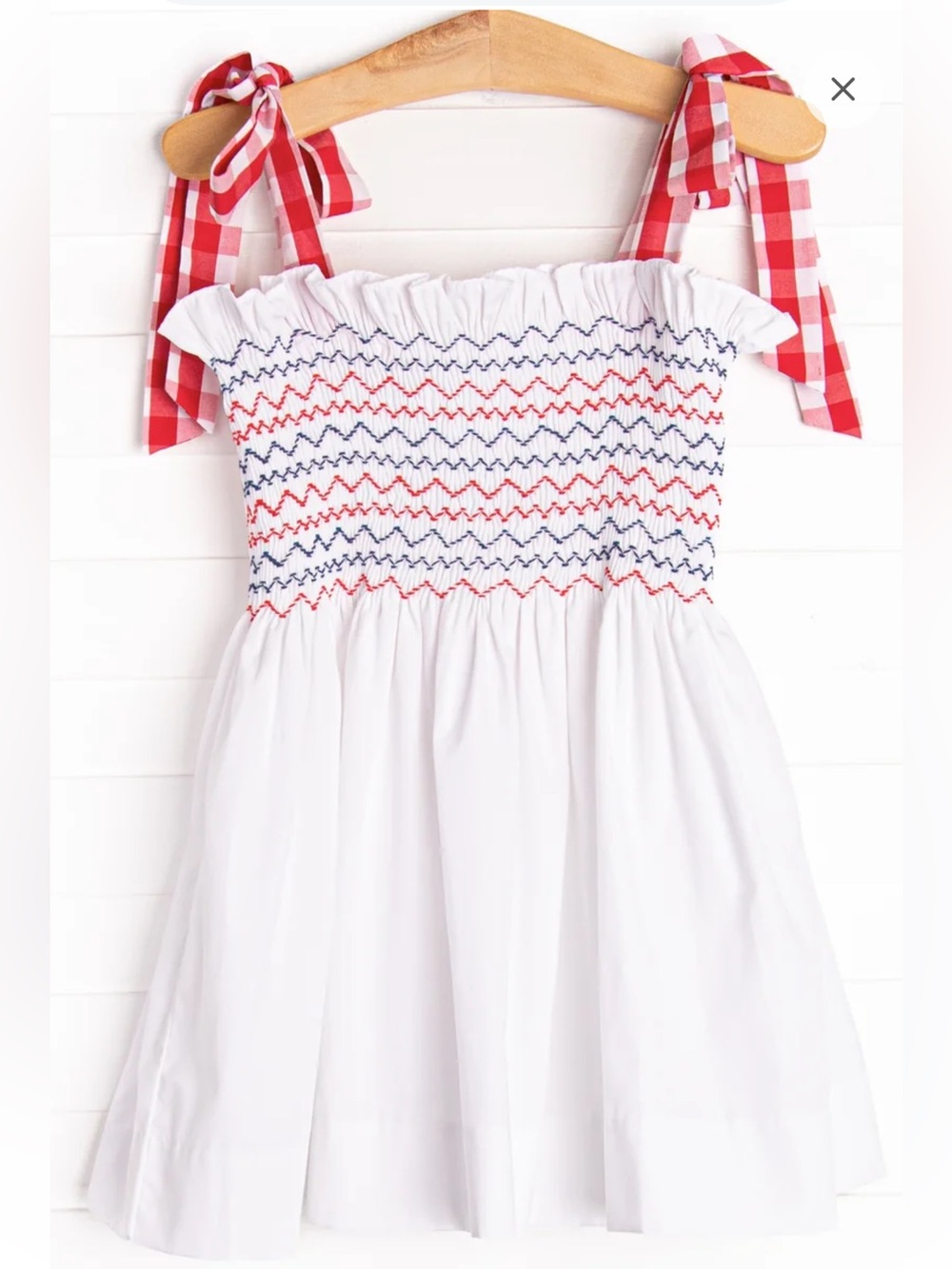 Stitchy Fish Girls White Sundress with Red and Blue Smocking and Gingham Straps